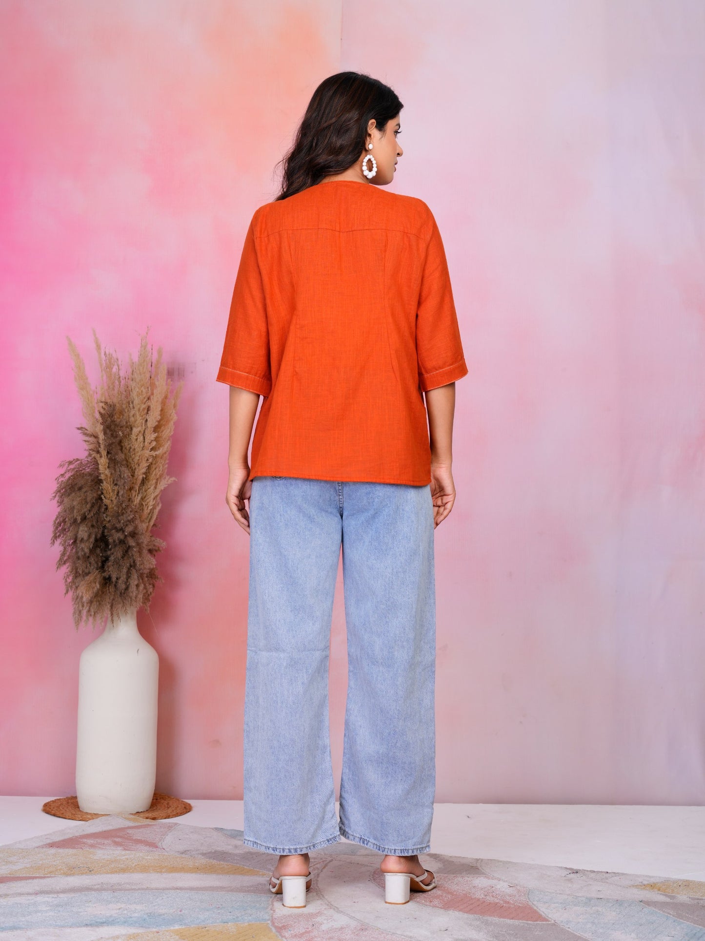 Woman Rust Orange embroidery fancy top