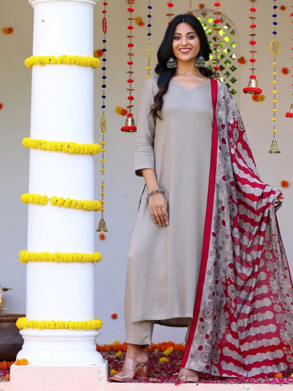 Grey Cotton Slub kurti pant dupatta set