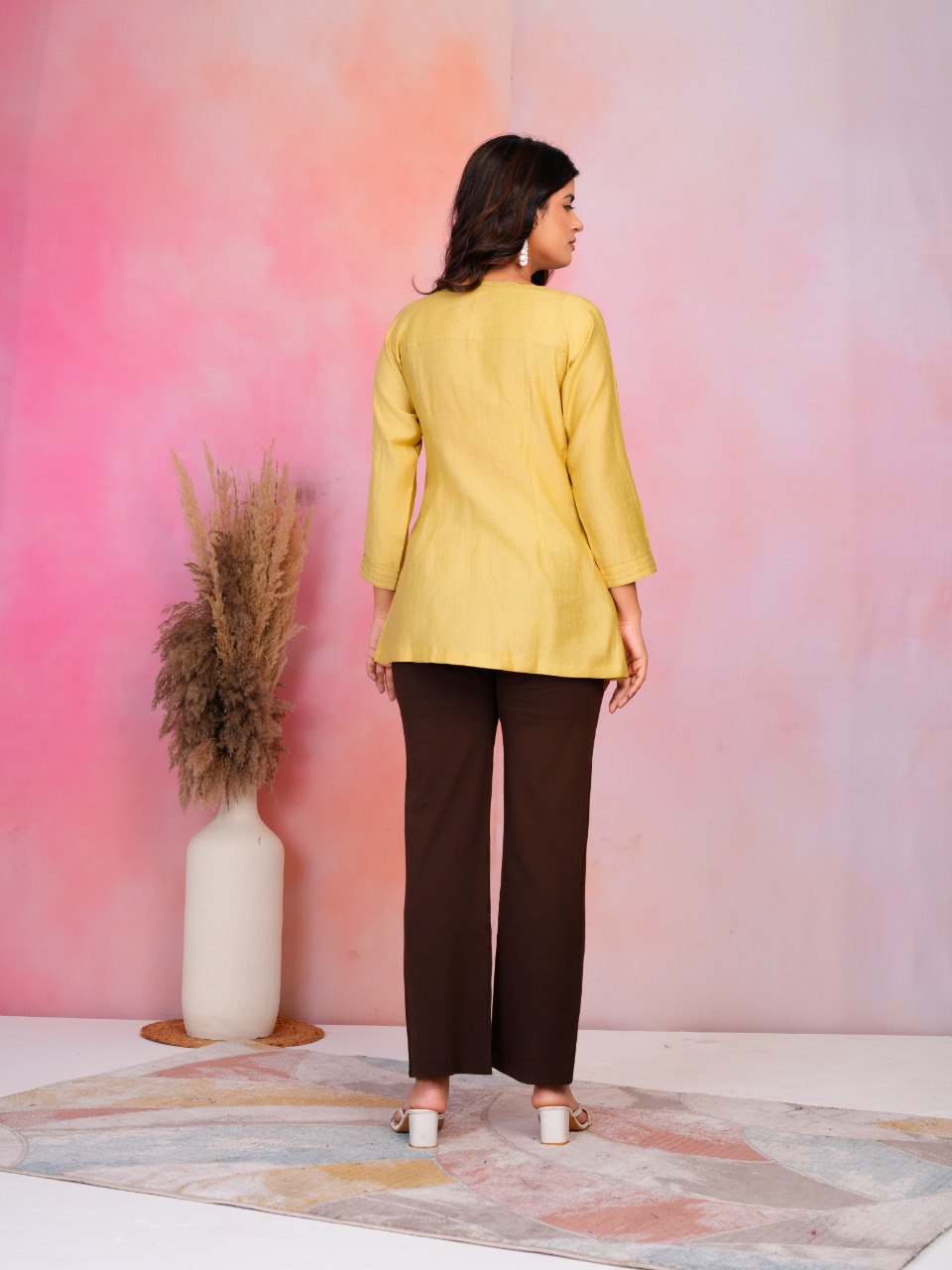 : Woman mustard yellow embroidery fancy top