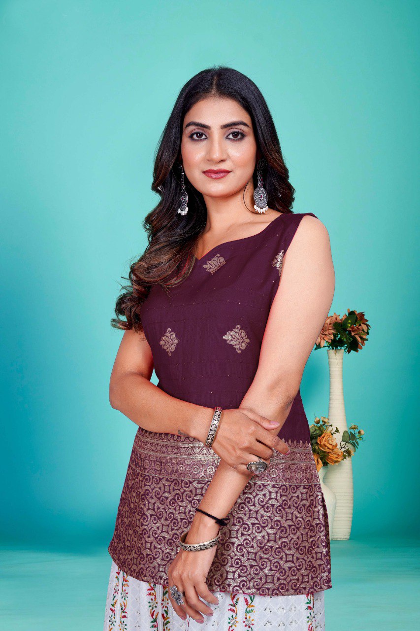 deep wine Sleeveless with Golden Zari Work top