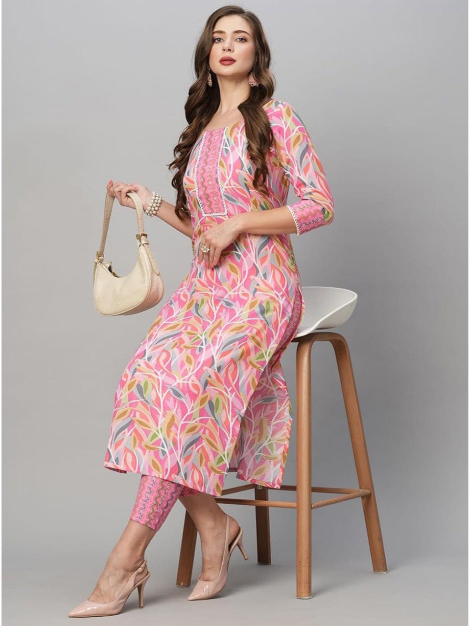 Pink Cotton Printed Straight Kurta-pant