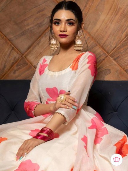 White Floral printed Anarkali kurta with dupatta