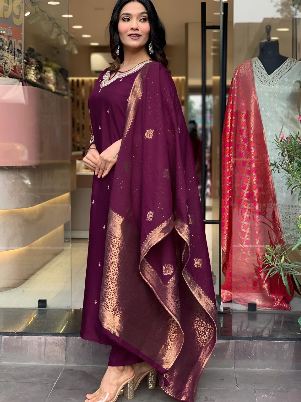 Embroidered Kurta Pant with Dupatta suit