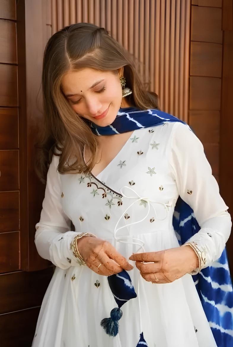 woman Angrakha style anarkali kurta with dupatta suit