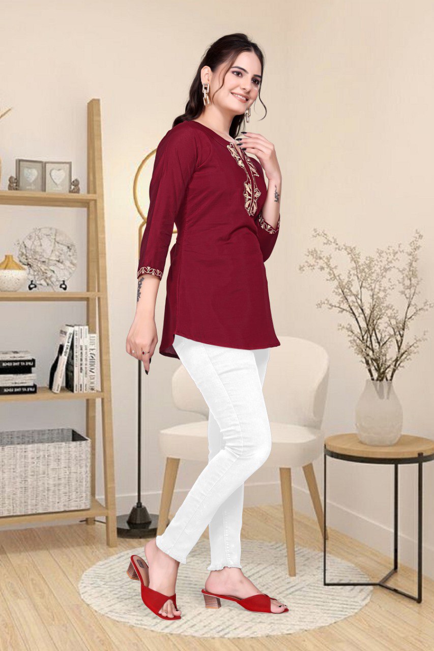 Maroon Embroidered roman silk fancy Top
