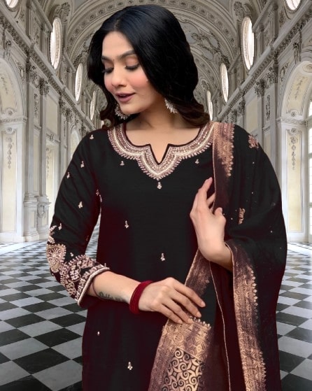 Black embroidered Kurta Pant with Dupatta suit