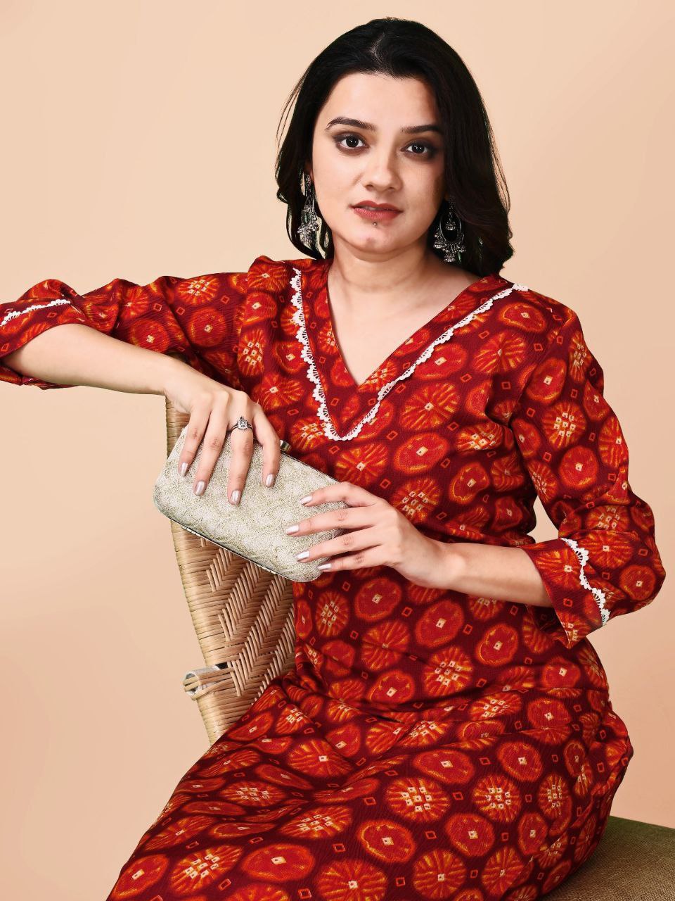 Woman red gota pati printed kurti pant