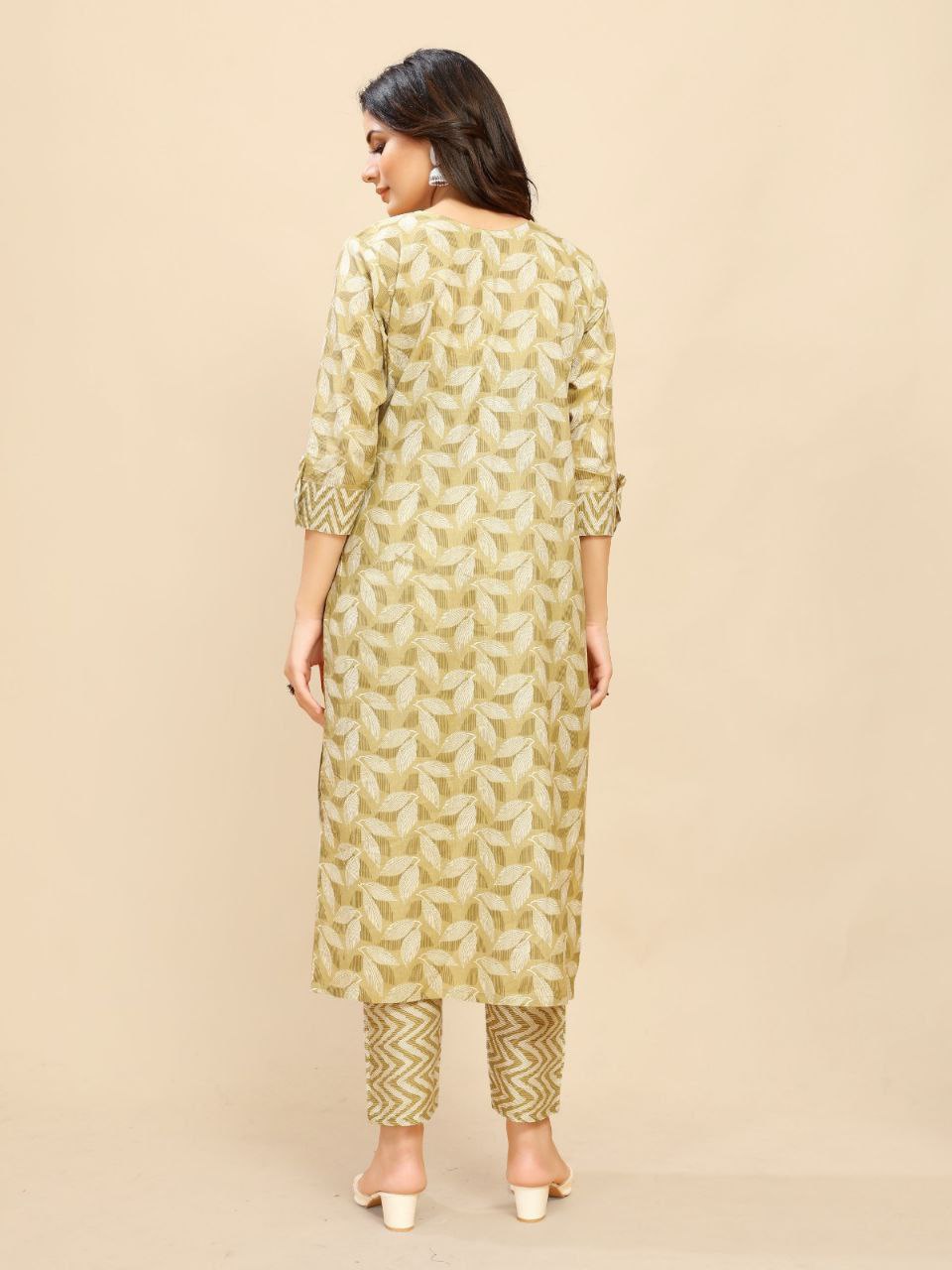 yellow beige pure Cotton leaf Printed Kurta Trouser set