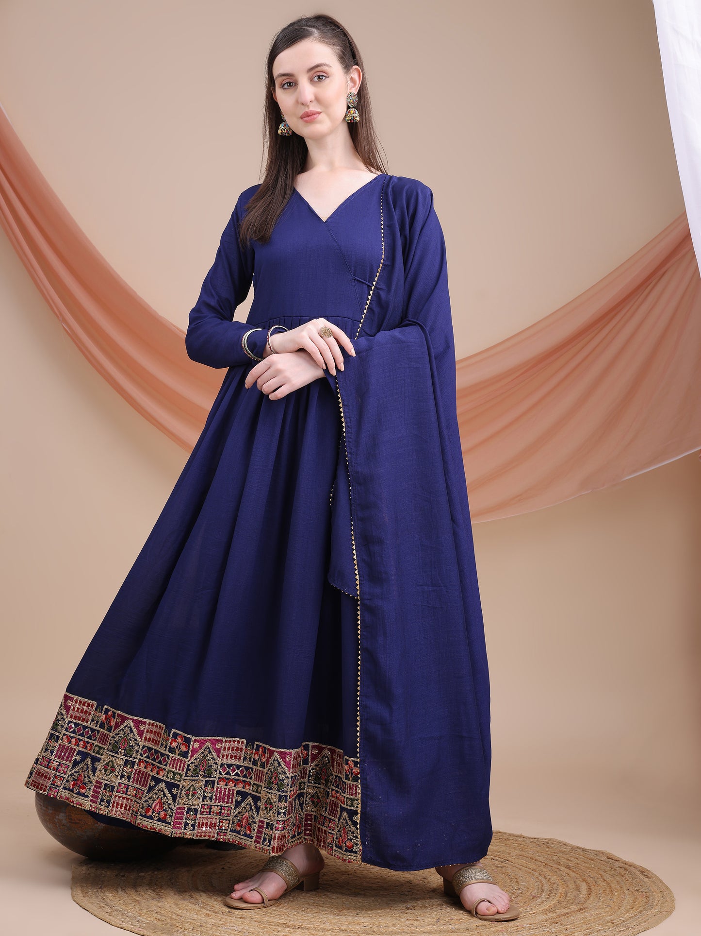 woman Angrakha style anarkali kurta with dupatta suit