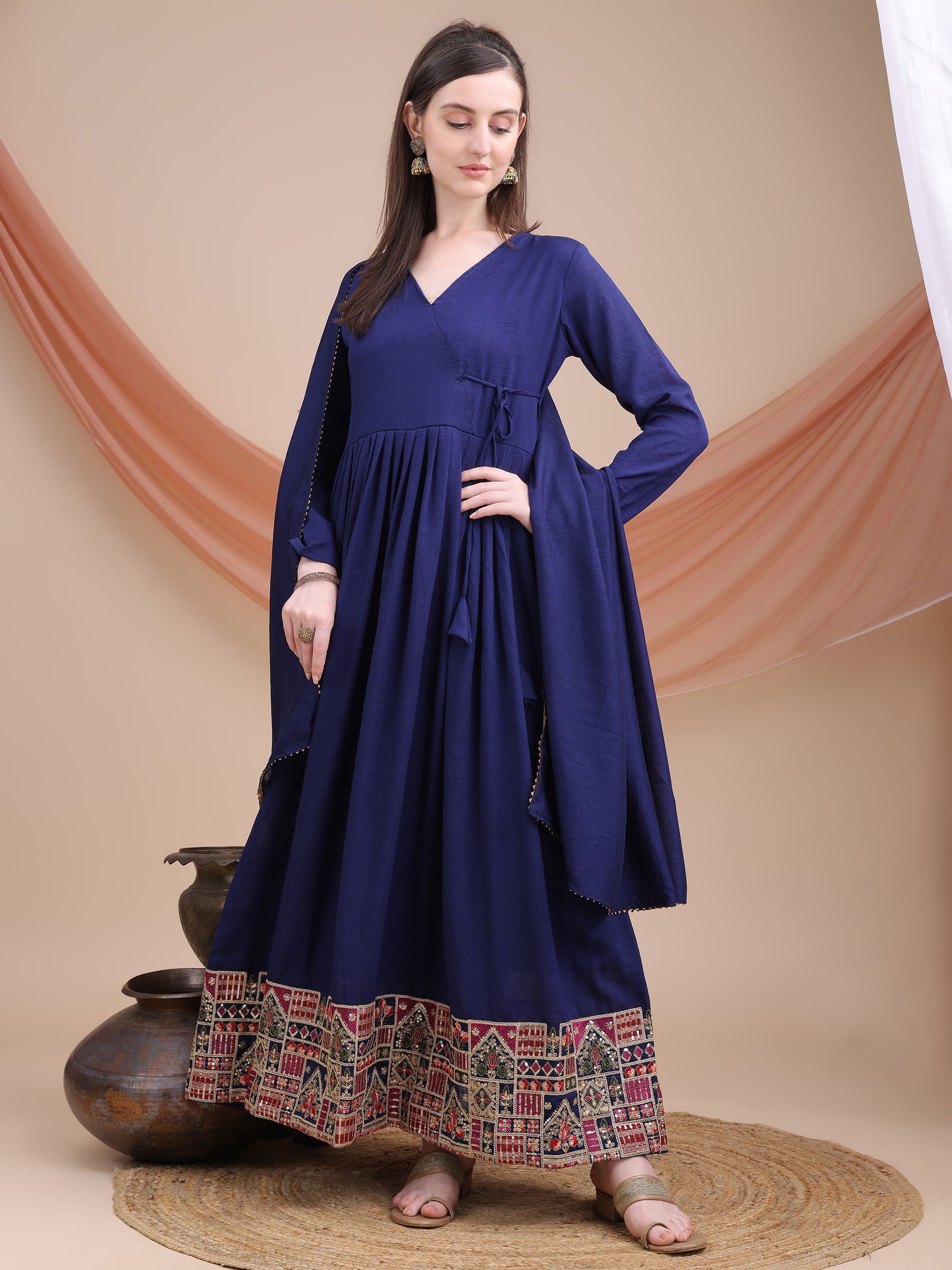 woman Angrakha style anarkali kurta with dupatta suit