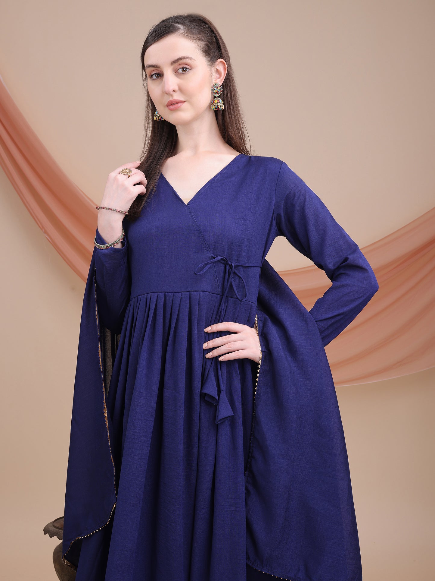 woman Angrakha style anarkali kurta with dupatta suit