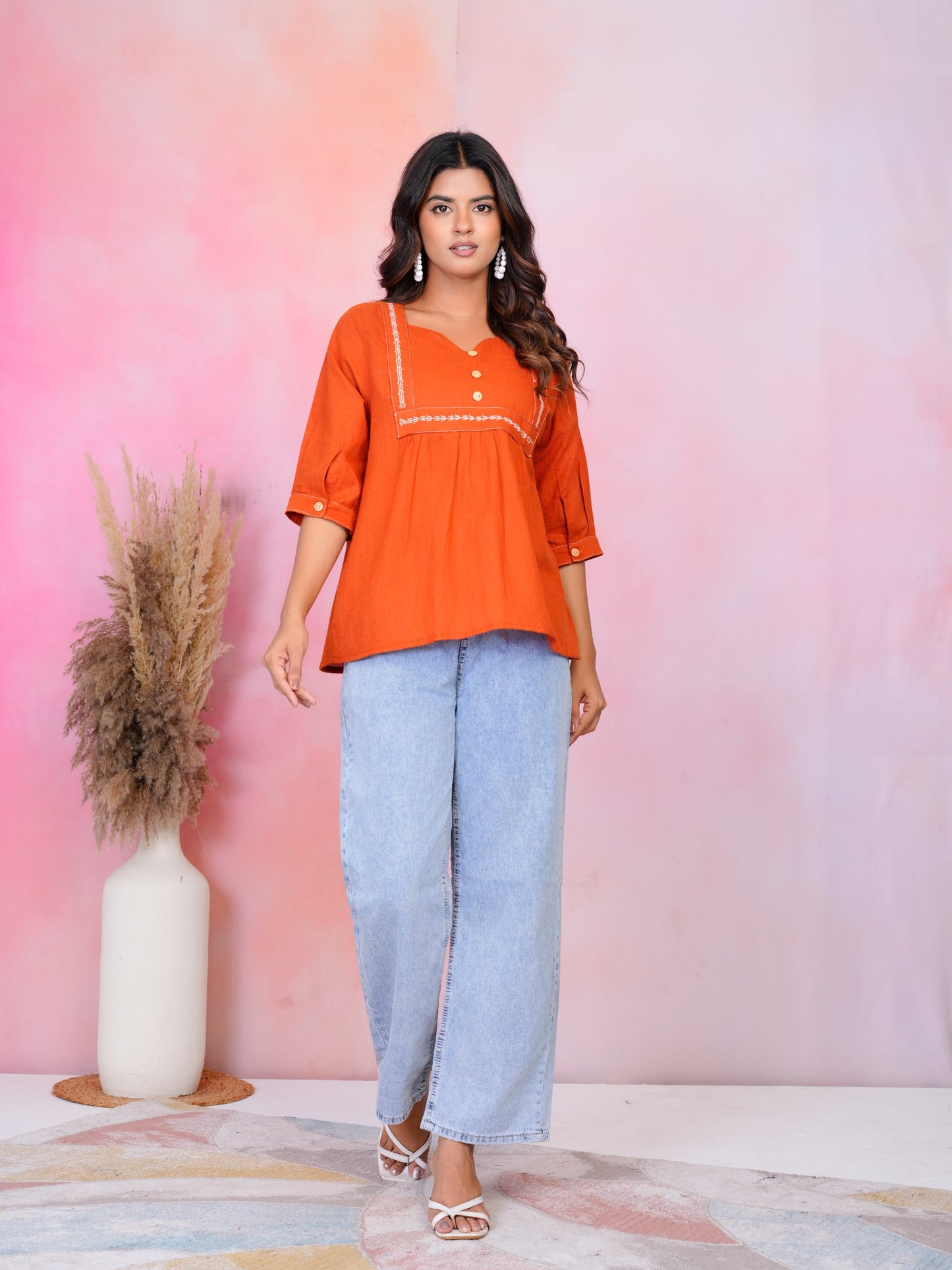 Woman Rust Orange embroidery fancy top
