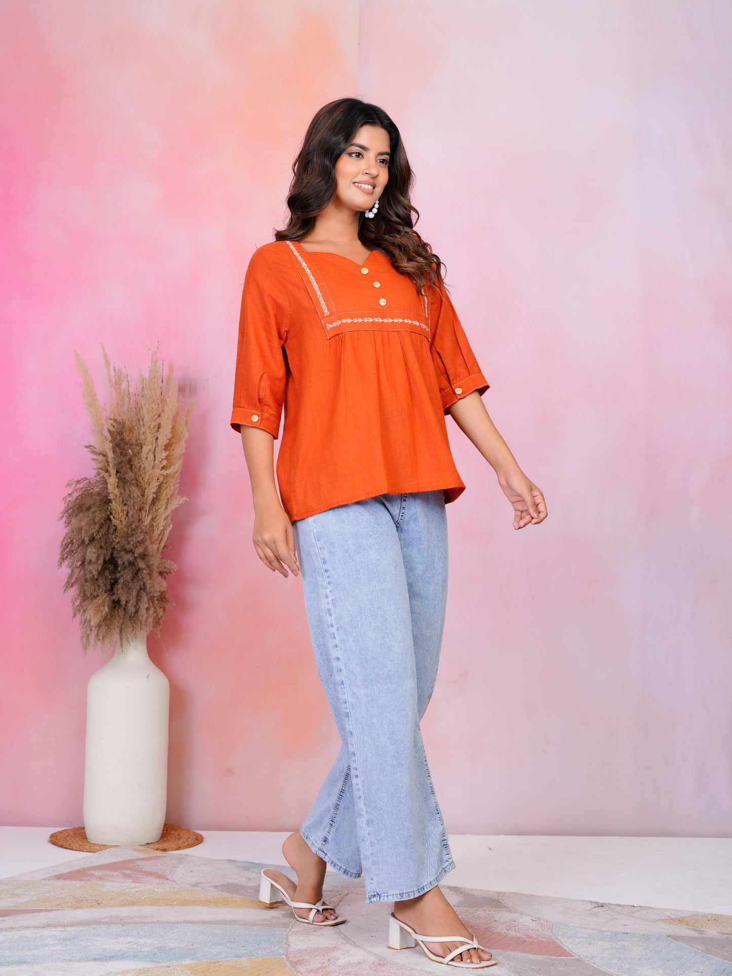 Woman Rust Orange embroidery fancy top