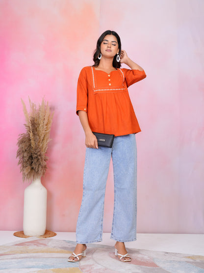 Woman Rust Orange embroidery fancy top