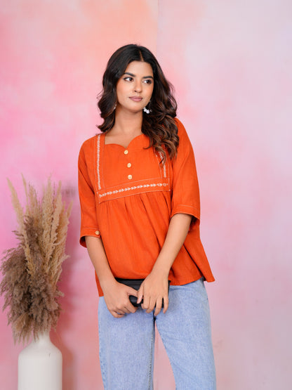 Woman Rust Orange embroidery fancy top