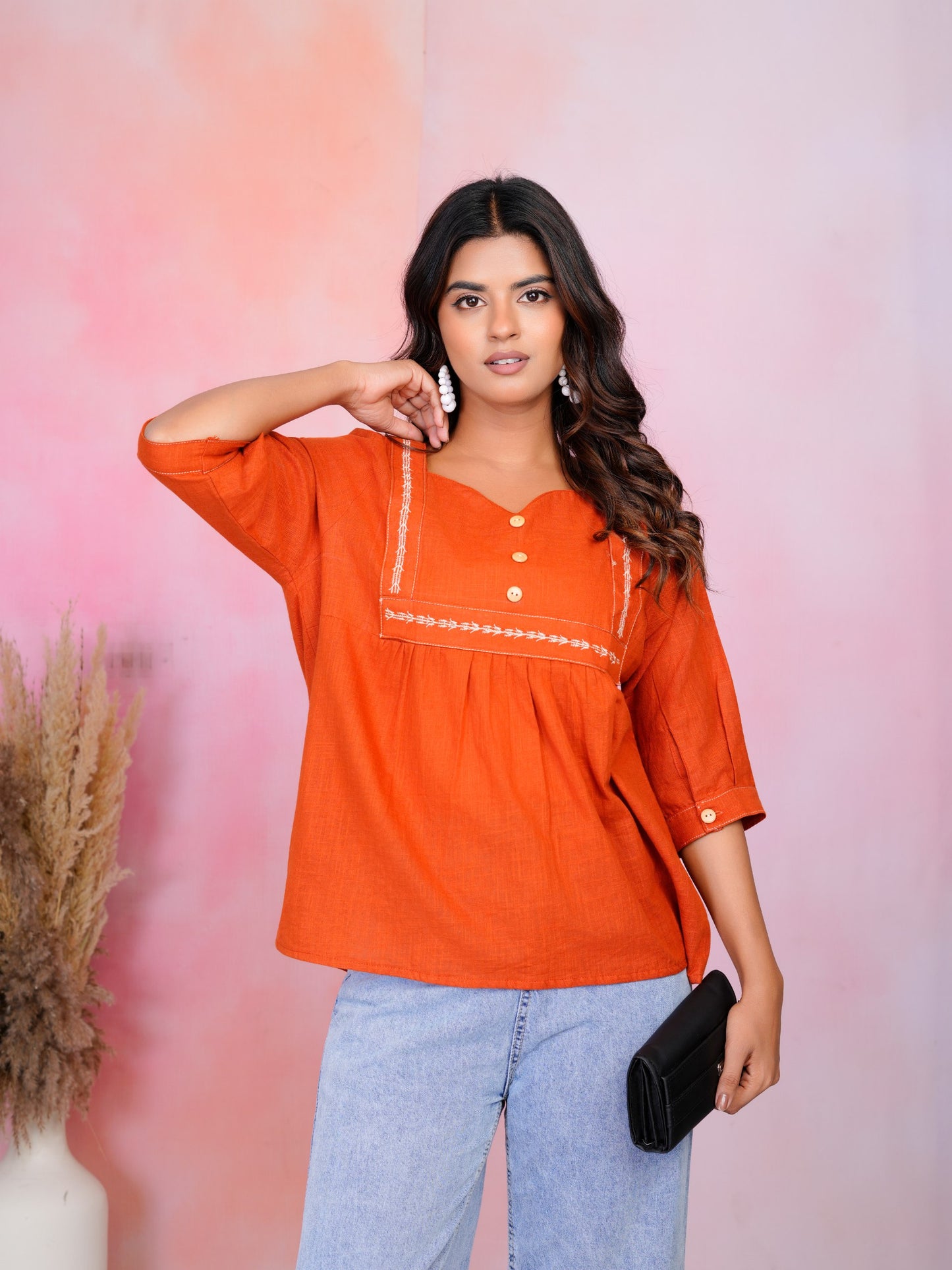 Woman Rust Orange embroidery fancy top