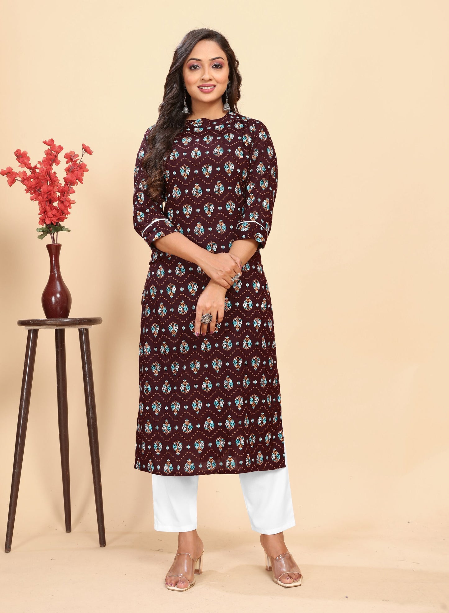 Brown Block Printed Kurta Trouser set