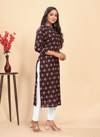 Brown Block Printed Kurta Trouser set