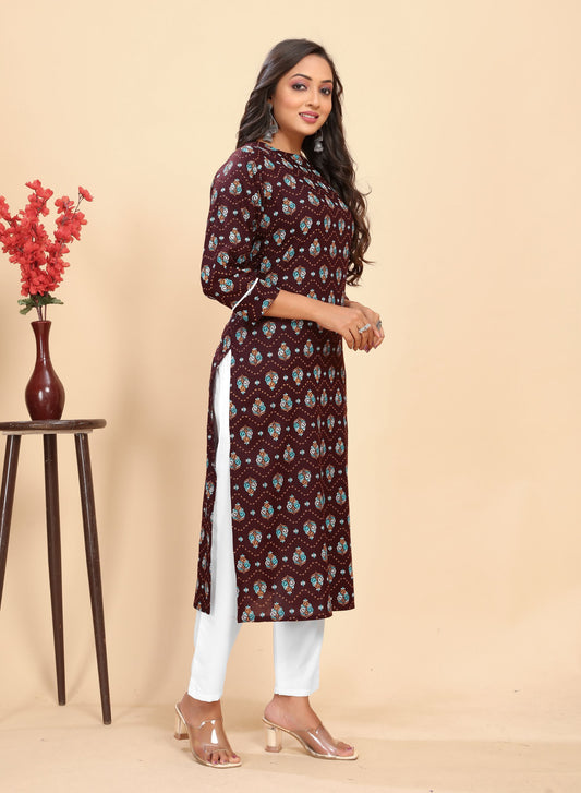 Brown Block Printed Kurta Trouser set
