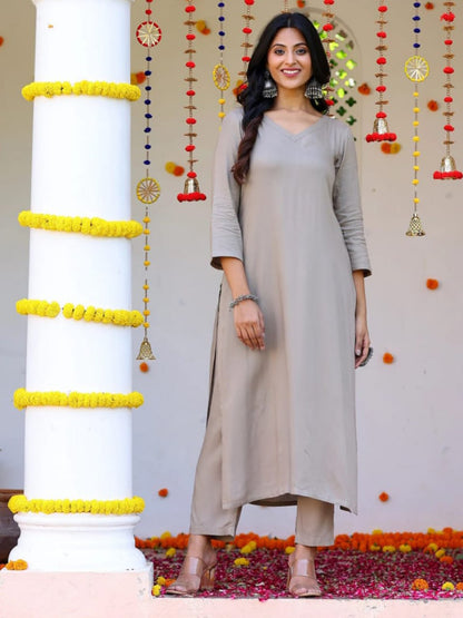 Grey Cotton Slub kurti pant dupatta set