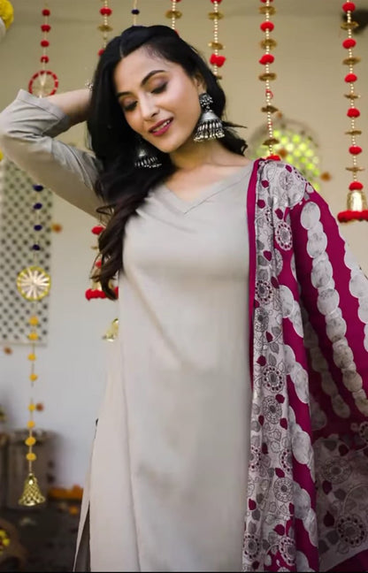 Grey Cotton Slub kurti pant dupatta set