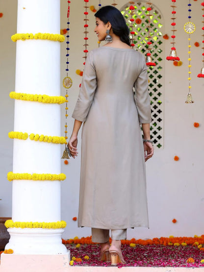 Grey Cotton Slub kurti pant dupatta set