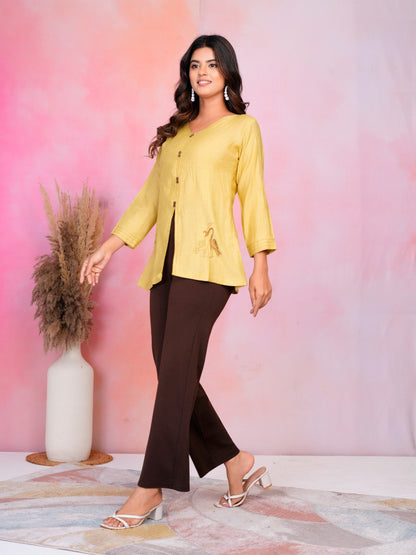 : Woman mustard yellow embroidery fancy top
