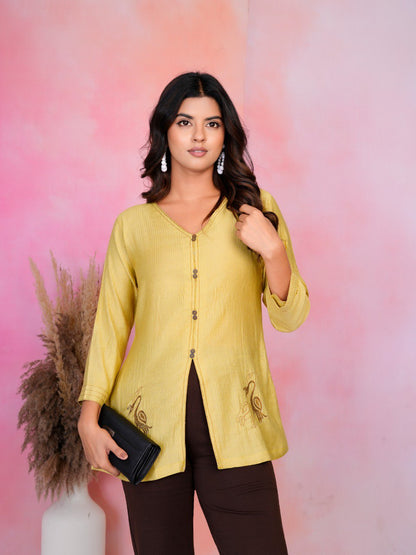 : Woman mustard yellow embroidery fancy top