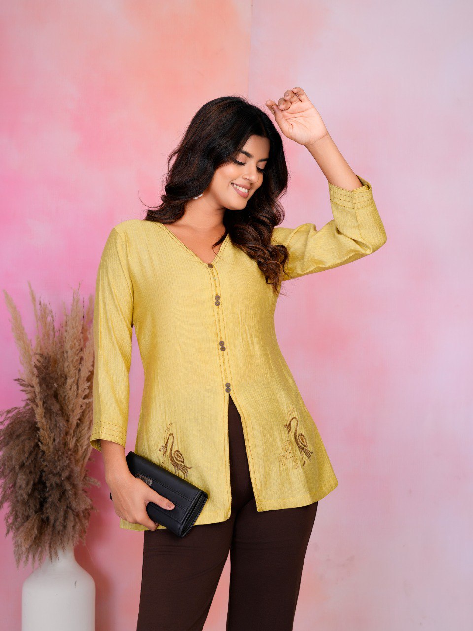 : Woman mustard yellow embroidery fancy top