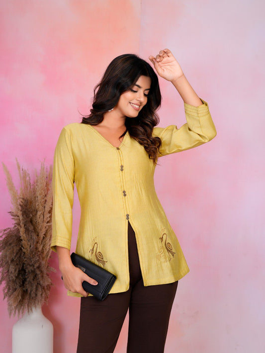 : Woman mustard yellow embroidery fancy top
