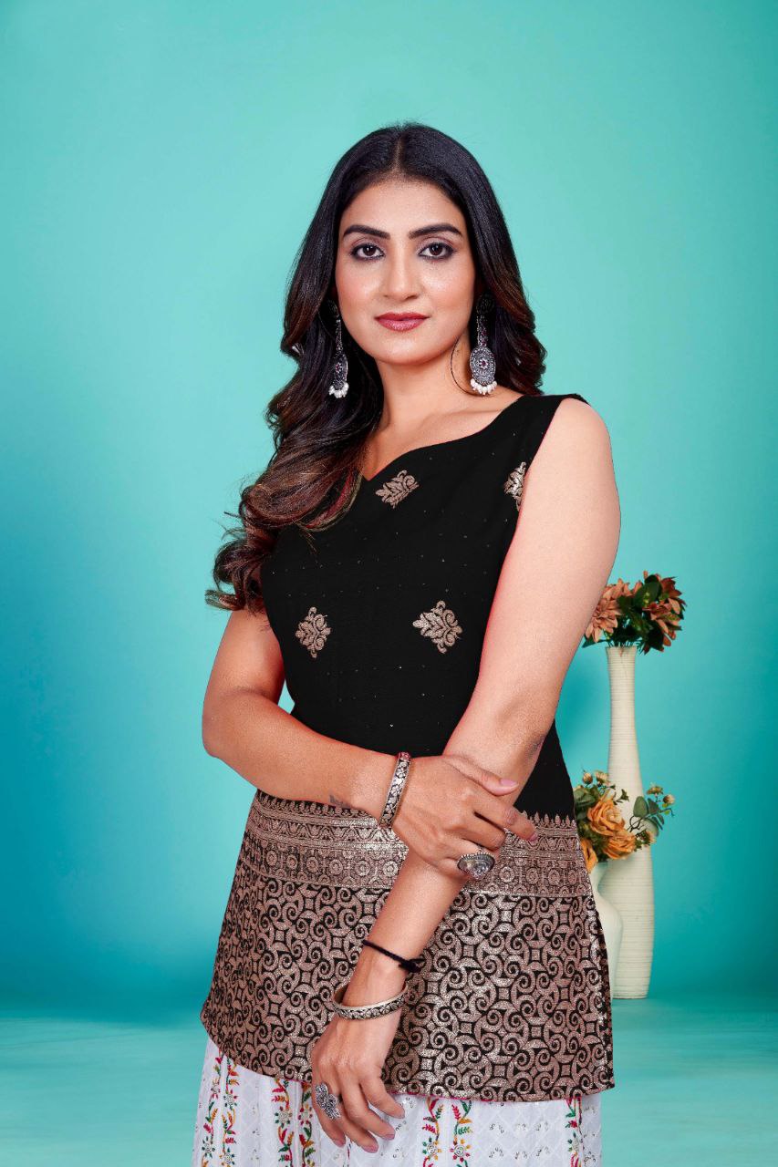 Black Sleeveless with Golden Zari Work top