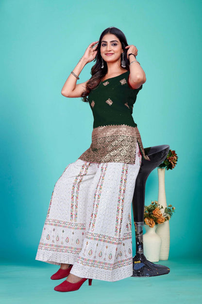 Deep Green Sleeveless with Golden Zari Work top