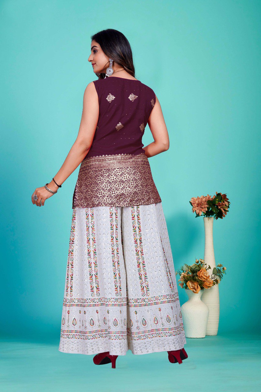 deep wine Sleeveless with Golden Zari Work top