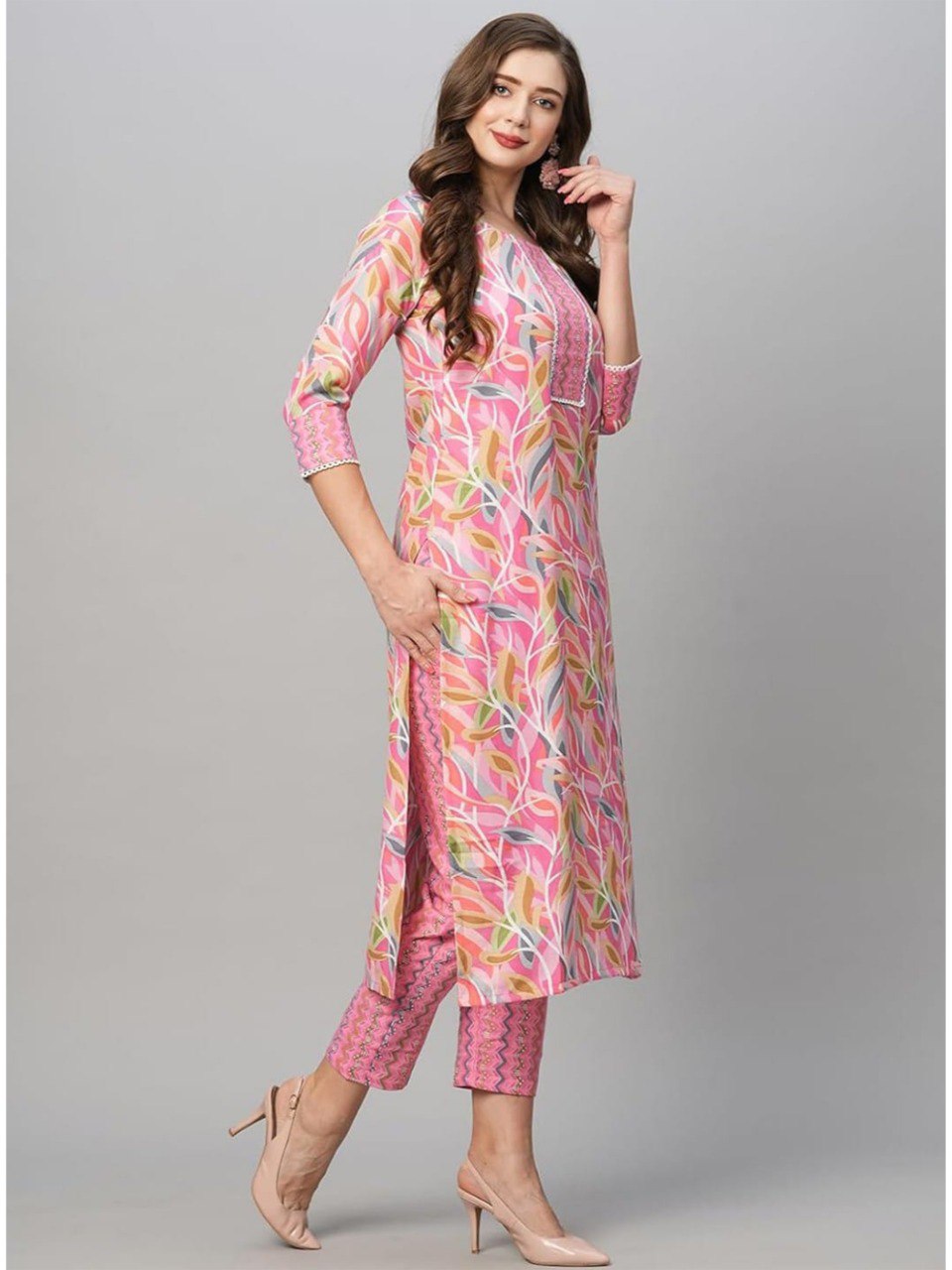 Pink Cotton Printed Straight Kurta-pant