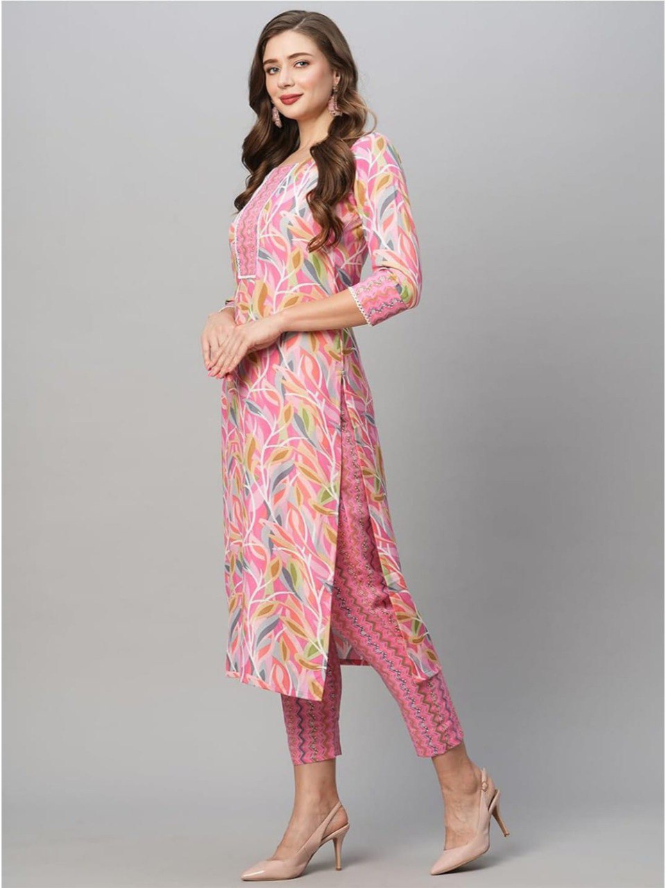 Pink Cotton Printed Straight Kurta-pant
