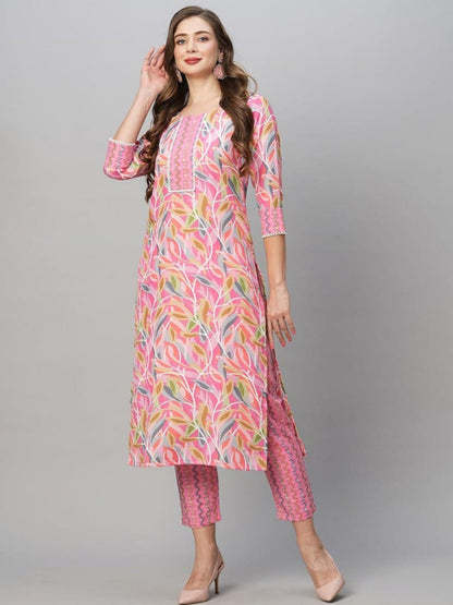 Pink Cotton Printed Straight Kurta-pant