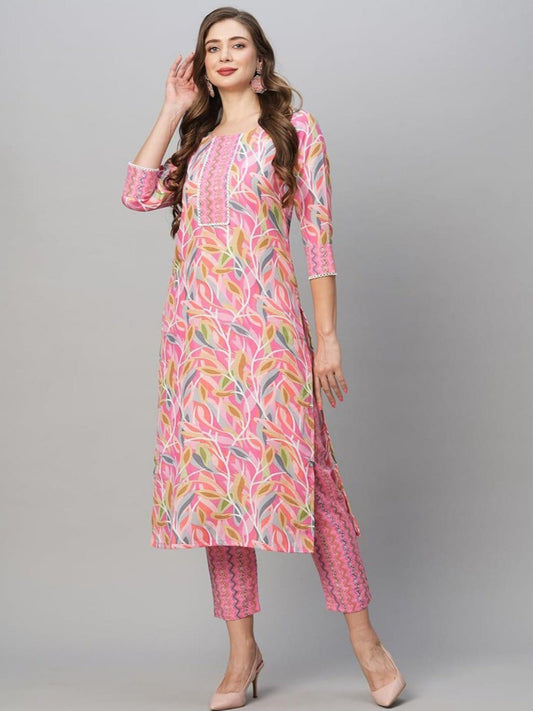 Pink Cotton Printed Straight Kurta-pant