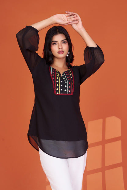 Casual Black Georgette Tunic Top