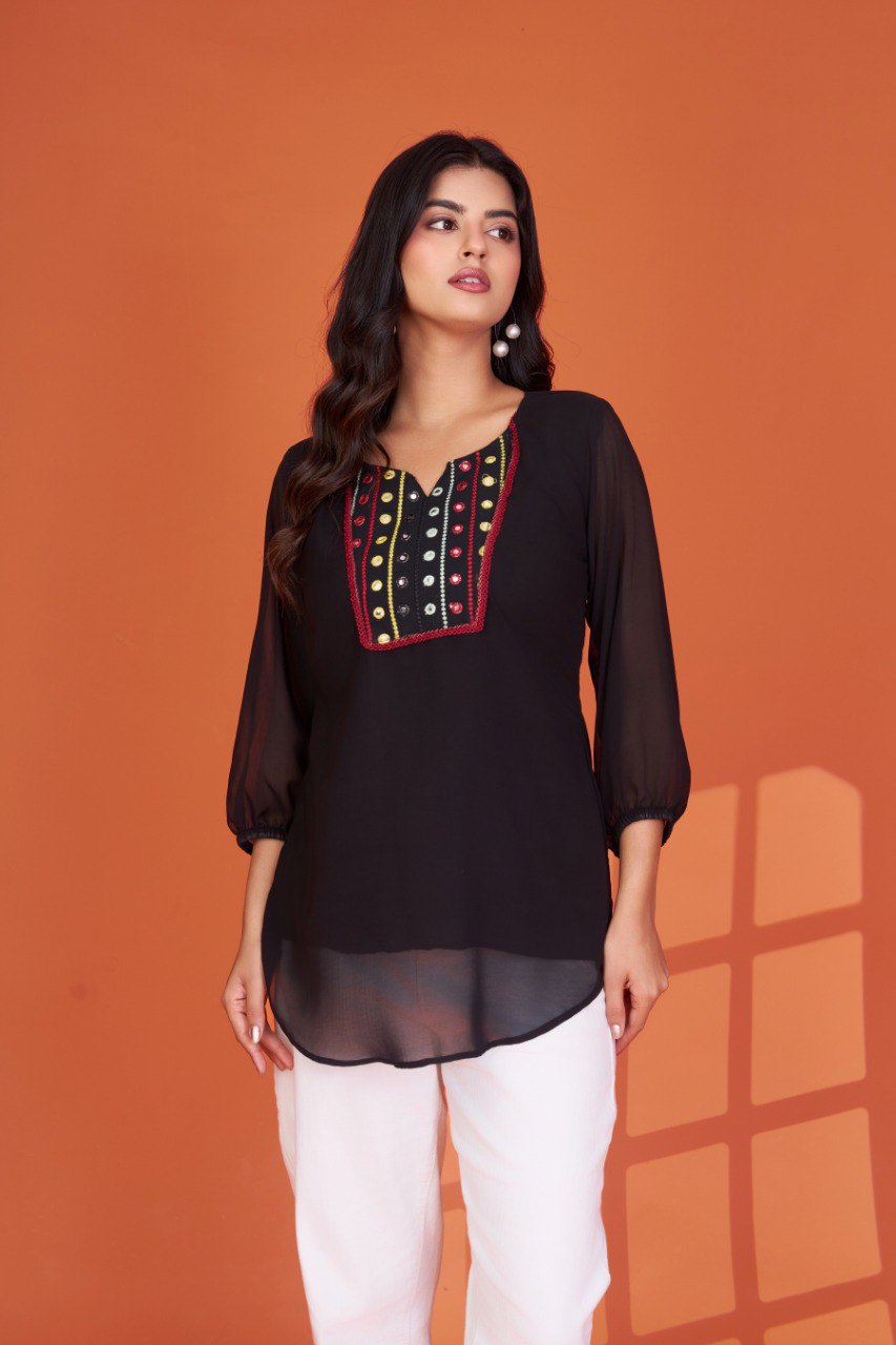 Casual Black Georgette Tunic Top