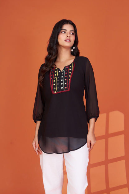 Casual Black Georgette Tunic Top