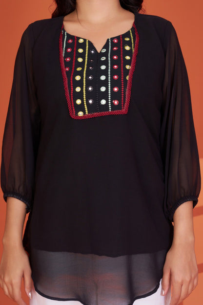 Casual Black Georgette Tunic Top