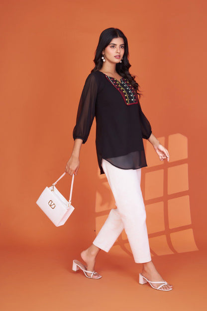 Casual Black Georgette Tunic Top