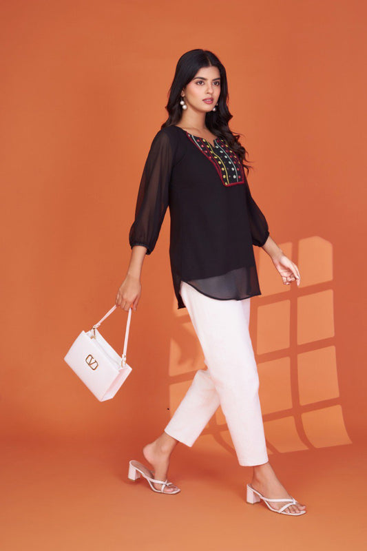 Casual Black Georgette Tunic Top