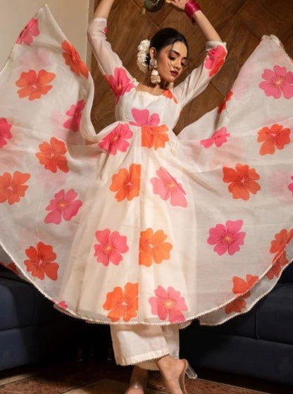 White Floral  printed Anarkali kurta with dupatta