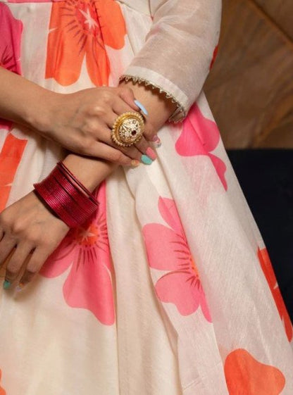 White Floral  printed Anarkali kurta with dupatta