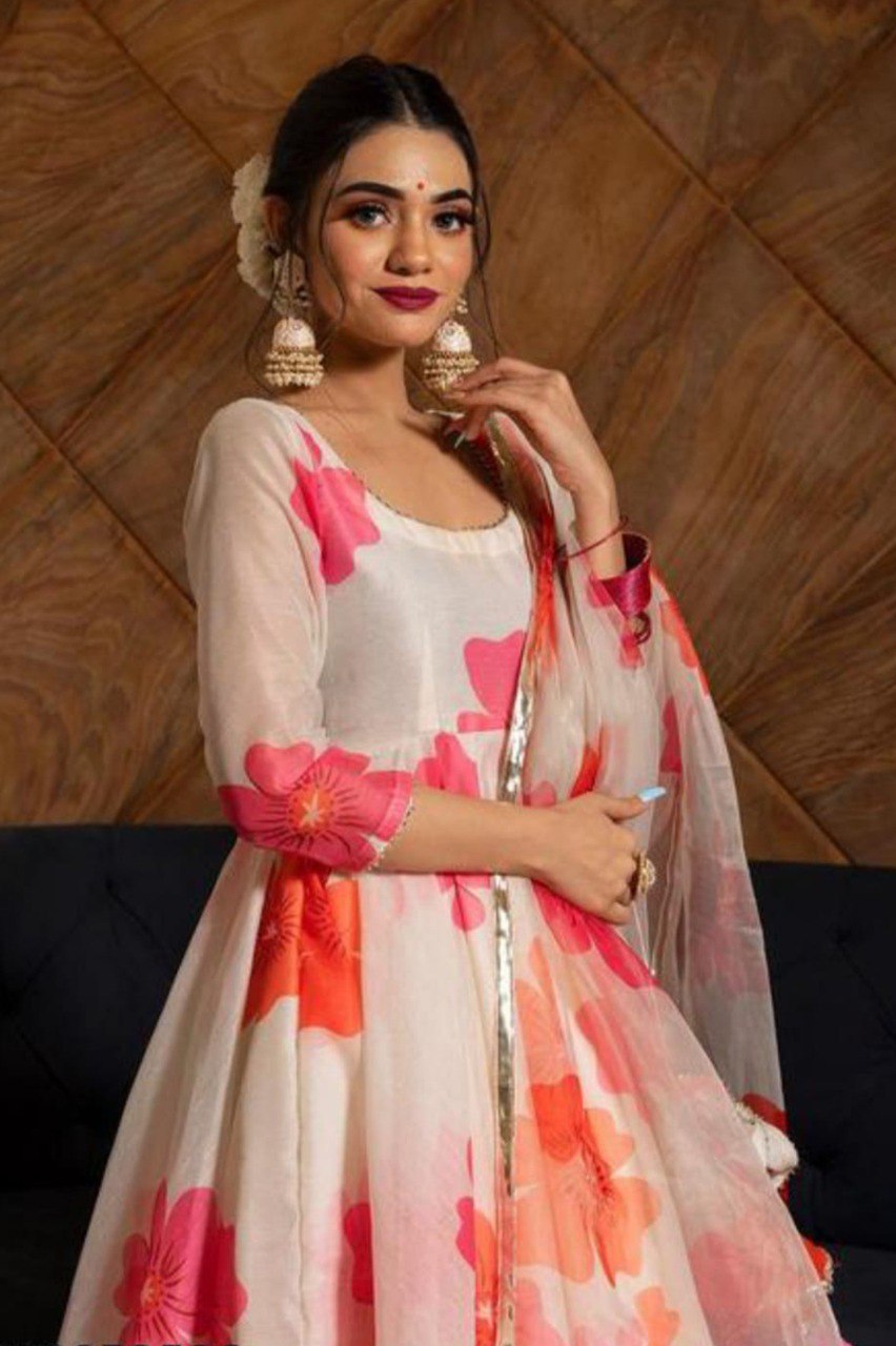 White Floral  printed Anarkali kurta with dupatta