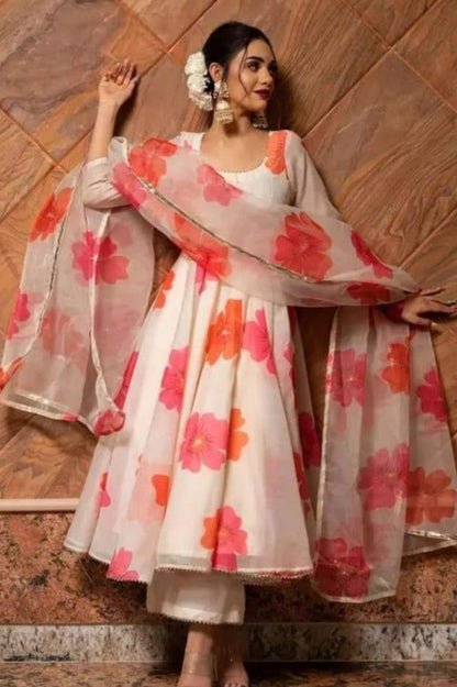 White Floral  printed Anarkali kurta with dupatta