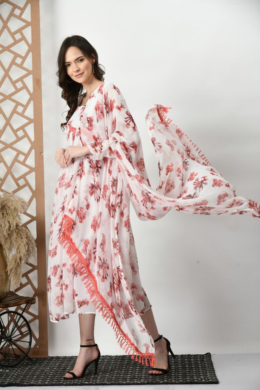 White floral kurta with dupatta