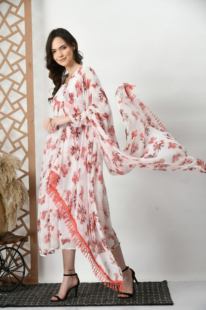 White floral kurta with dupatta
