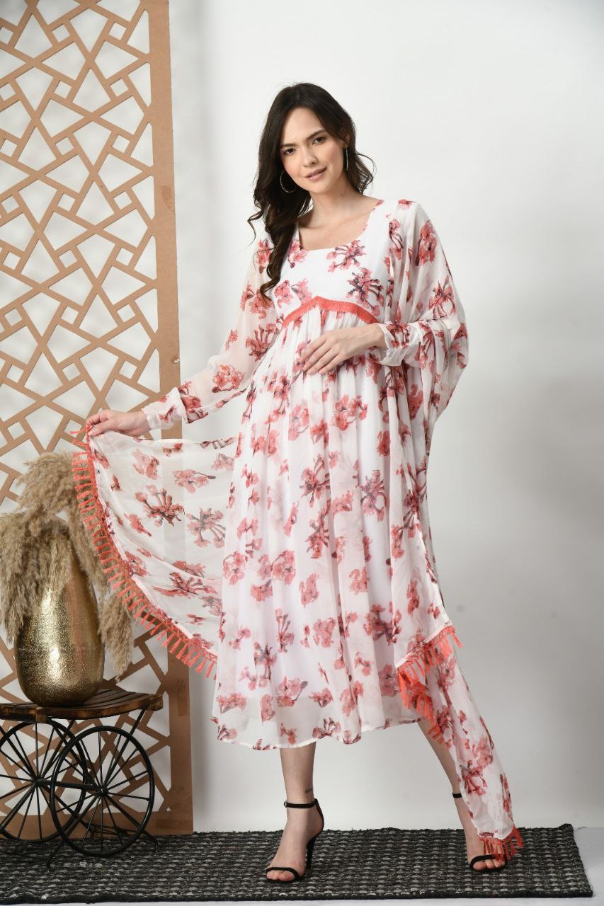 White floral kurta with dupatta